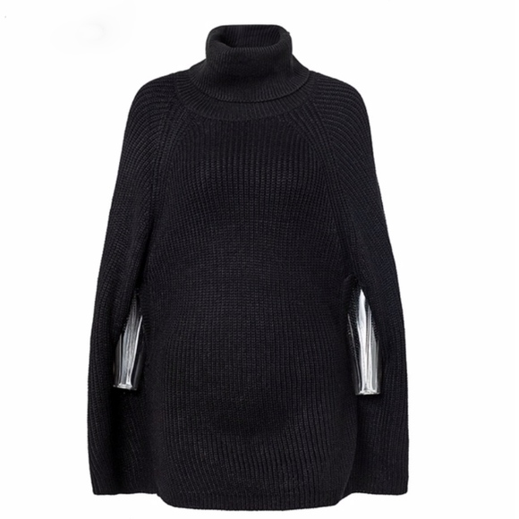 Black Knit Turtleneck Poncho Cloak Sleeveless Sweater - Picture 11 of 15